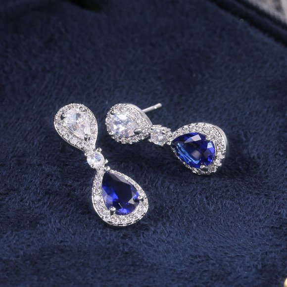 NEW Silver Blue Teardrop Sapphire Diamond Earrings - Picture 7 of 7